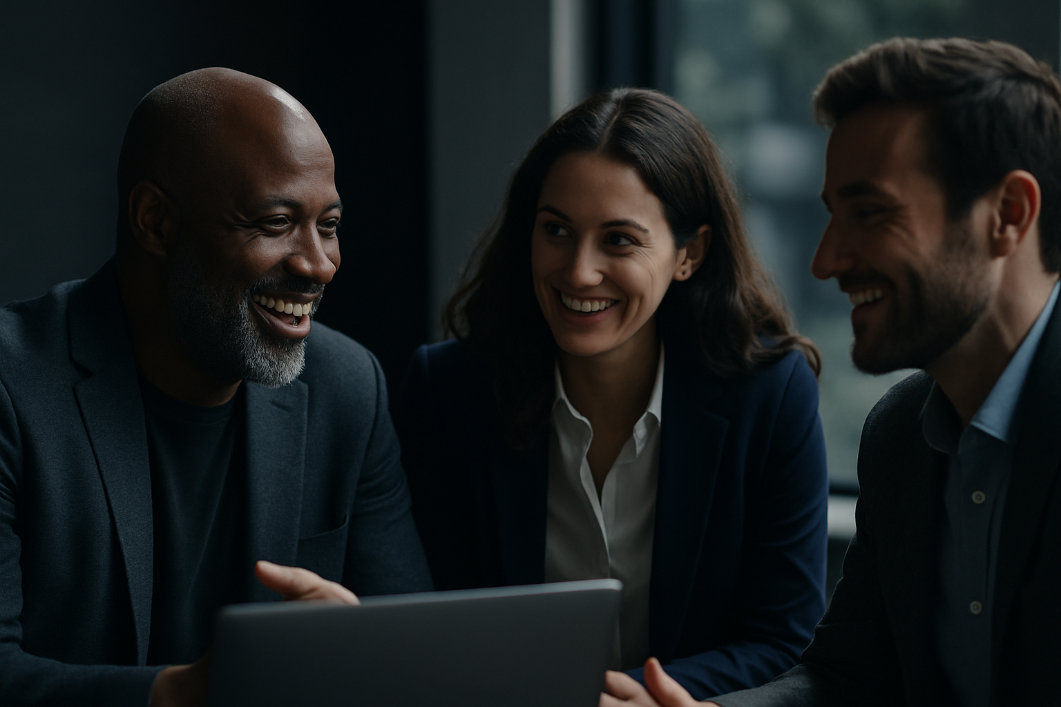 Three diverse business professionals engaged in a collaborative meeting, smiling and discussing growth strategy in a modern office setting.